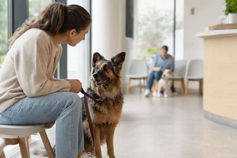 Ein Altdeutscher Schäferhund sitzt ruhig neben seinem Besitzer in einem modernen Tierarztwartezimmer und strahlt Vertrauen aus.